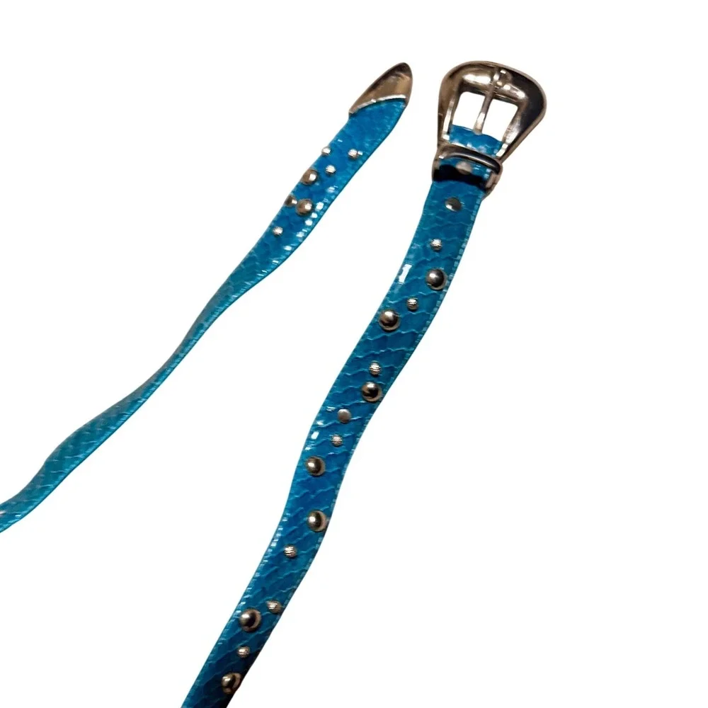 Vintage Teal Blue Snakeskin Studded Western Skinny Belt Silver Buckle Tip
